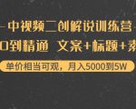 中视频二创解说训练营：从0到精通 文案+标题+素材、月入5000到5W-副业资源站