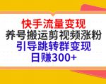 快手流量变现，养号搬运剪视频涨粉，引导跳转群变现日赚300+-副业资源站