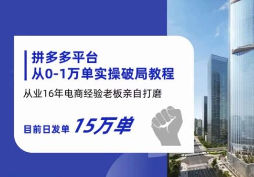 拼多多从0-1万单实操破局教程，从业16年电商经验打磨，目前日发单15万单-副业资源站