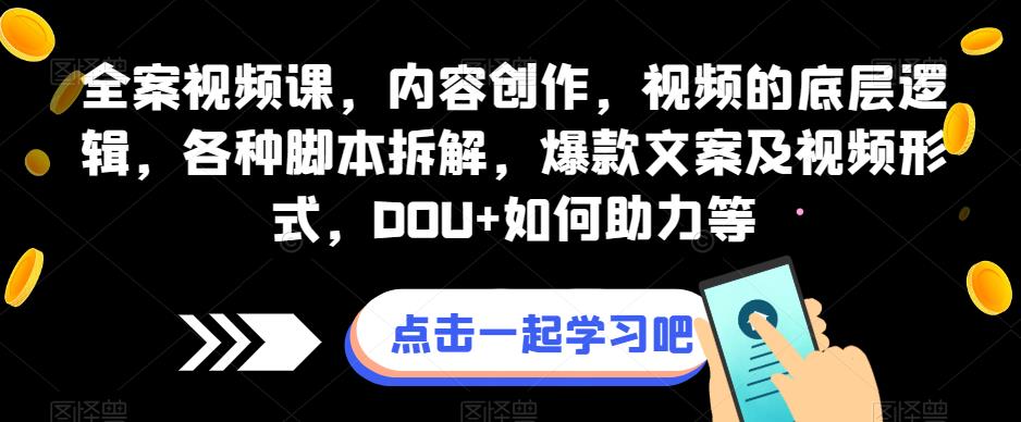 全案视频课，内容创作，视频的底层逻辑，各种脚本拆解，爆款文案及视频形式，DOU+如何助力等-副业资源站