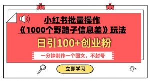 小红书批量操作《1000个野路子信息差》玩法，一分钟制作一个图文，不封号，日引100+创业粉-副业资源站