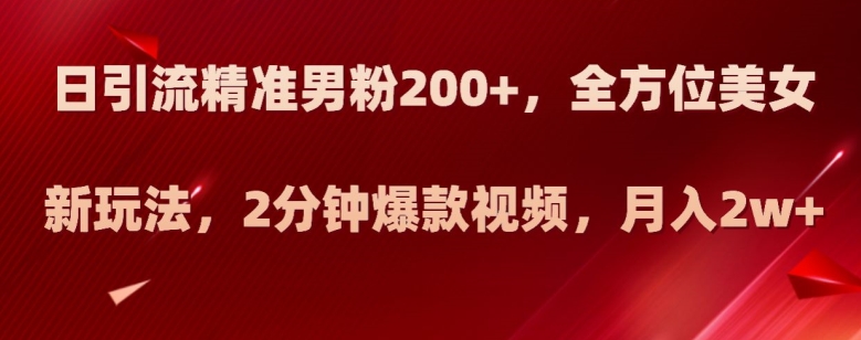 日引流精准男粉200+，全方位美女新玩法，2分钟爆款视频，月入2w+【揭秘】-副业资源站