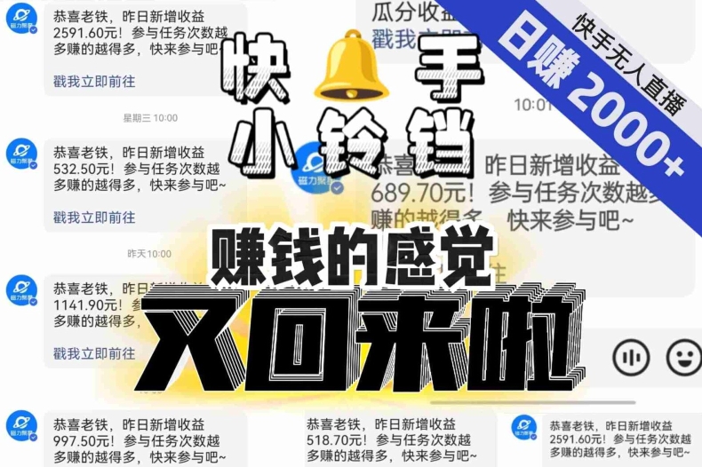 【无人直播】单号日入2000+，可矩阵、可放大，快手无人直播小铃铛，让狂赚的感觉又回来了！-副业资源站