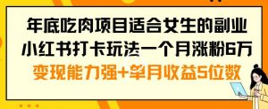 年底吃肉项目适合女生的副业小红书打卡玩法一个月涨粉6万+变现能力强+单月收益5位数【揭秘】-副业资源站