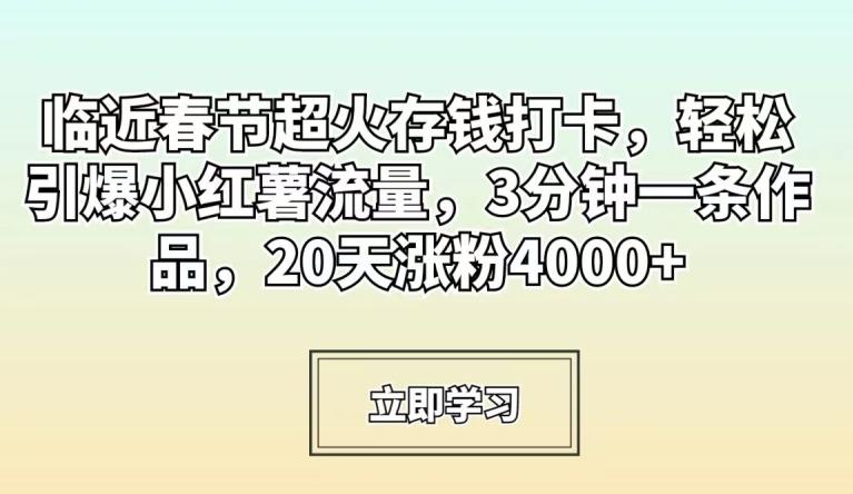 临近春节超火存钱打卡，轻松引爆小红薯流量，3分钟一条作品，20天涨粉4000+【揭秘】-副业资源站