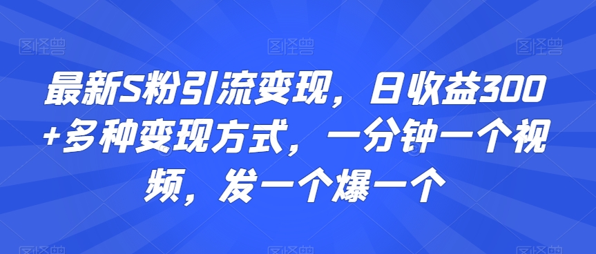 最新S粉引流变现，日收益300+多种变现方式，一分钟一个视频，发一个爆一个【揭秘】-副业资源站