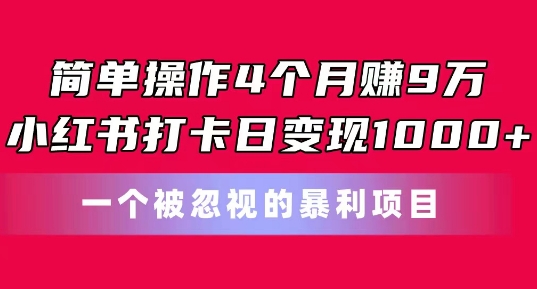 简单操作4个月赚9w，小红书打卡日变现1k，一个被忽视的暴力项目【揭秘】-副业资源站