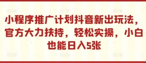 小程序推广计划抖音新出玩法，官方大力扶持，轻松实操，小白也能日入5张【揭秘】-副业资源站