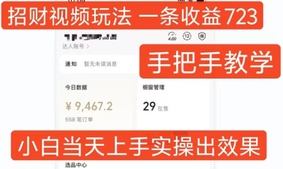 招财视频玩法，一条视频收益723，手把手教学，小白当天可上手-副业资源站