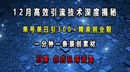 最新高效引流技术深度揭秘 ，单号单日引300+精准创业粉，一分钟一条原创素材，引爆你的私域流量-副业资源站