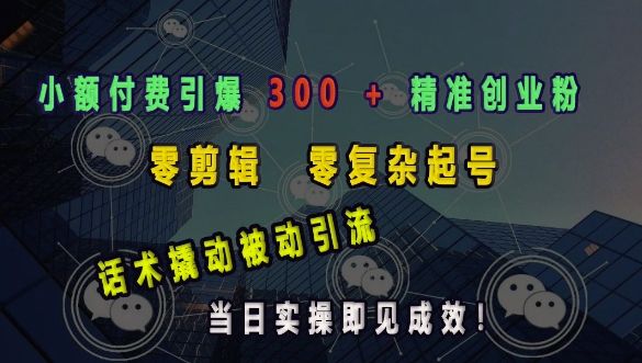 小额付费引爆 300 + 精准创业粉，零剪辑、零复杂起号，话术撬动被动引流，当日实操即见成效-副业资源站