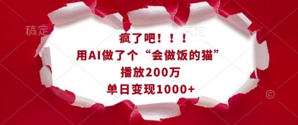 疯了吧！用AI做了个“会做饭的猫”，播放200万，单日变现1k-副业资源站