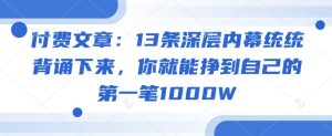 付费文章：13条深层内幕统统背诵下来，你就能挣到自己的第一笔1000W-副业资源站