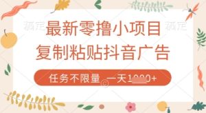 最新零撸小项目，复制粘贴抖音广告即可挣钱，平台大水，任务不限量，一天数张【揭秘】-副业资源站