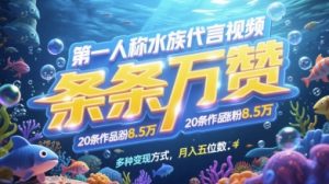 第一人称水族代言视频，条条万赞，20条作品涨粉7.8W，多种变现方式月入五位数-副业资源站