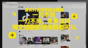 最新抖音搜索搬运教程，一刀不剪，条条过抖，推文短剧影视涨粉都可以-副业资源站