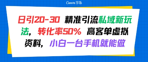 日引 20-30 精准引流私域新玩法，转化率50% 高客单虚拟资料，小白一台手机就能做-副业资源站