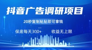 抖音广告调研项目，只需复制粘贴广告即可挣钱，任务不限量，一天稳定3张-副业资源站