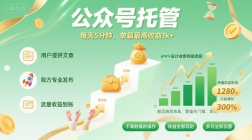 【公众号托管 】我提供文章，你发布，每天5分钟，单篇最高收益1k+【揭秘】-副业资源站