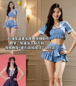AI海军装美女跳舞视频制作教学，快速涨千粉万粉，视频教程+提示词(绘图词、动作词)-副业资源站