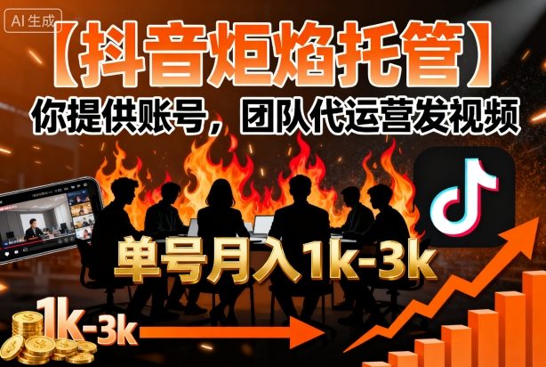 【抖音炬焰托管】你提供账号，团队代运营发视频，单号月入1k+【揭秘】-副业资源站