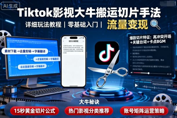Tiktok影视大牛搬运切片手法，详细玩法教程-副业资源站