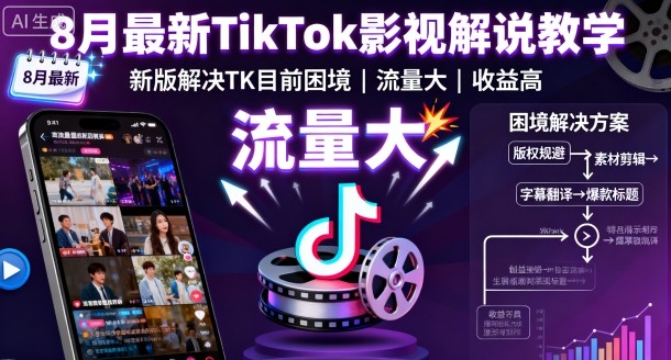 8月最新TikTok影视解说教学，新版解决TK目前困境，流量大，收益高-副业资源站