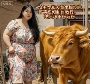 AI美女和大黄牛摔跤搞笑荒诞视频制作教程，快速涨千粉万粉-副业资源站