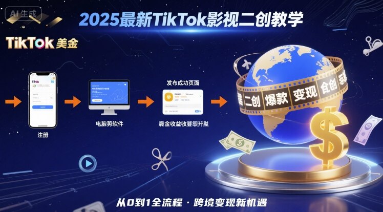 2025年最新TikTok影视二创教学，从注册到发布撸美金全流程，跨境变现新机遇-副业资源站