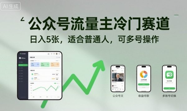 公众号流量主冷门赛道，日入5张，适合普通人，可多号操作-副业资源站
