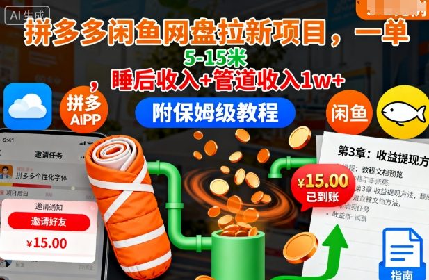 拼多多闲鱼网盘拉新项目，一单5-15米，睡后收入+管道收入1w+（附保姆级教程）-副业资源站