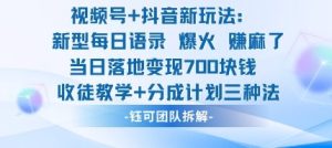 视频号加抖音新玩法：爆火新型每日语录，收徒教学加分成计划，三种变现玩法，当日变现7张-副业资源站