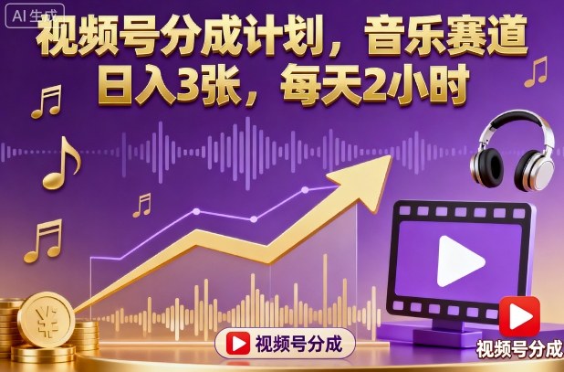 视频号分成计划，音乐赛道，日入3张，每天2小时-副业资源站