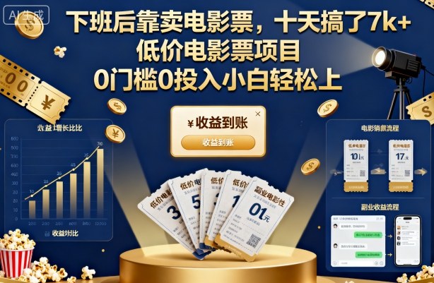 下班后靠卖电影票，十天搞了7k+，低价电影票项目，0门槛0投入小白轻松上手【揭秘】-副业资源站