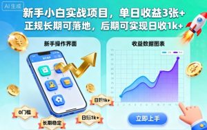 新手小白实战项目，单日收益3张+，正规长期可落地，后期可实现日收1k+【揭秘】-副业资源站