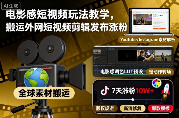 电影感短视频玩法教学，搬运外网短视频剪辑发布涨粉-副业资源站