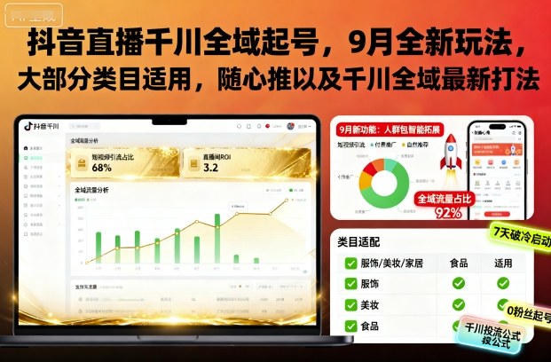 抖音直播千川全域起号，9月全新玩法，大部分类目适用，随心推以及千川全域最新打法-副业资源站