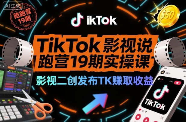 TikTok影视解说陪跑营19期实操课，影视二创发布TK賺取收益，万播收益50美金-副业资源站