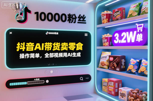 抖音AI带货卖零食，操作简单，全部视频用AI生成，一万粉丝，卖了3.2W单-副业资源站