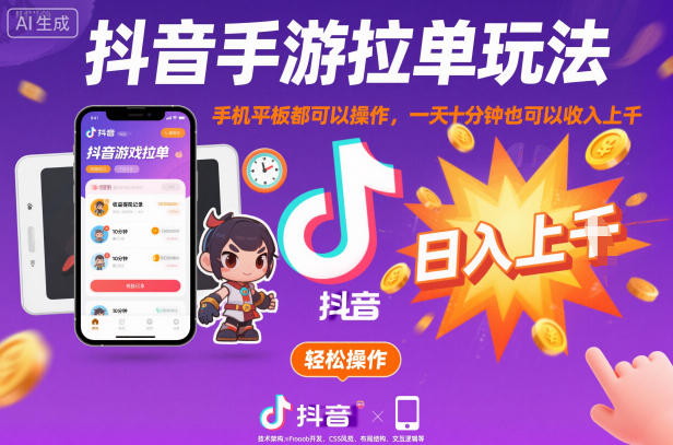 抖音手游拉单玩法，手机平板都可以操作，一天十分钟也可以收入上K【揭秘】-副业资源站