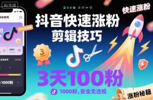 抖音快速涨粉剪辑技巧，3天1000粉，安全无违规-副业资源站