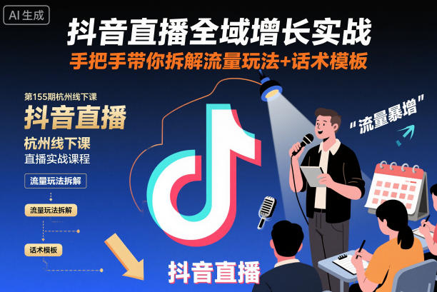 抖音直播全域增长实战第155期杭州线下课，手把手带你拆解流量玩法+话术模板-副业资源站