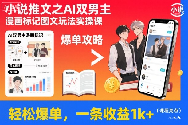 小说推文之AI双男主漫画标记图文玩法实操课，轻松爆单，一条收益1k+-副业资源站