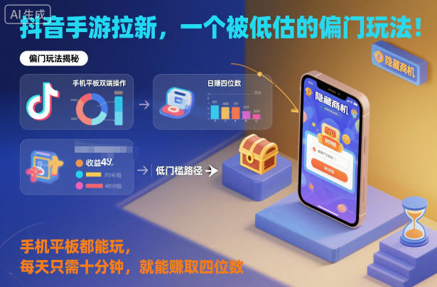抖音手游拉新，一个被低估的偏门玩法！手机平板都能玩，每天只需十分钟，就能賺取四位数【揭秘】-副业资源站
