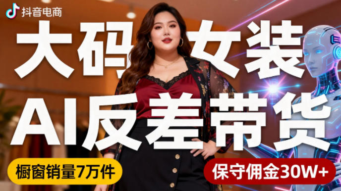 抖音小众赛道，大码女装AI反差带货，不用直播，每天6条作品，橱窗卖7万件，保守佣金30W+-副业资源站