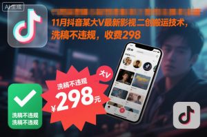 11月抖音某大V最新影视二创搬运技术，洗稿不违规，收费298-副业资源站