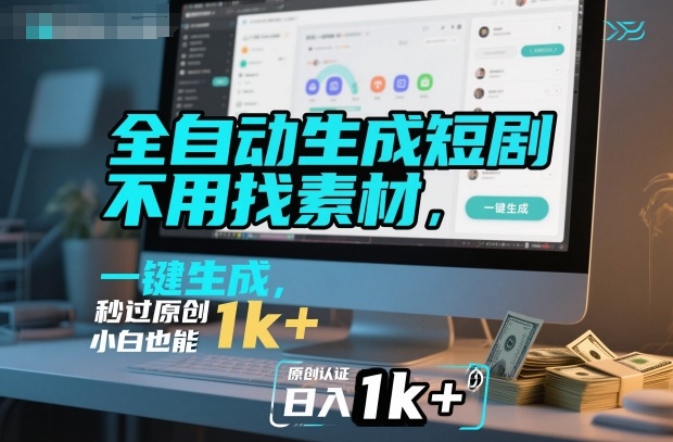 全自动生成短剧，不用找素材，不用剪辑，一键生成，秒过原创，小白也能轻松日入1k+【揭秘】-副业资源站