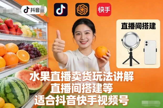 水果直播卖货玩法讲解、直播间搭建等，适合抖音快手视频号-副业资源站