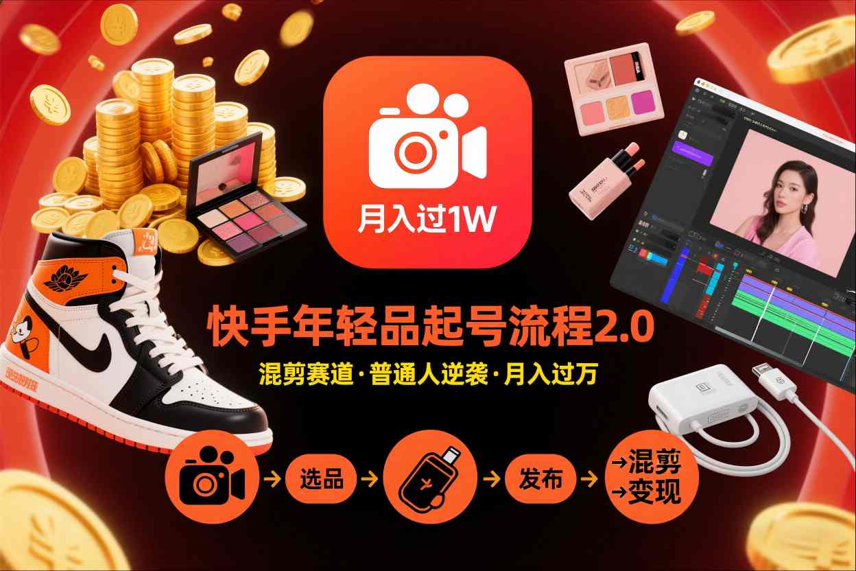快手短视频带货年轻品起号流程2.0，快手年轻品混剪赛道，普通人也能月入过1W-副业资源站