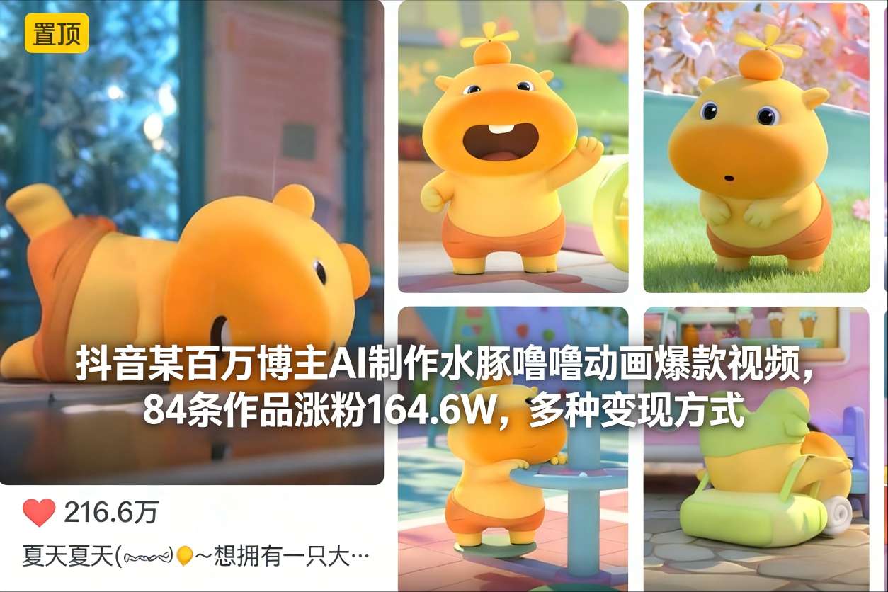抖音某百万博主AI制作水豚噜噜动画爆款视频，84条作品涨粉164.6W，多种变现方式-副业资源站